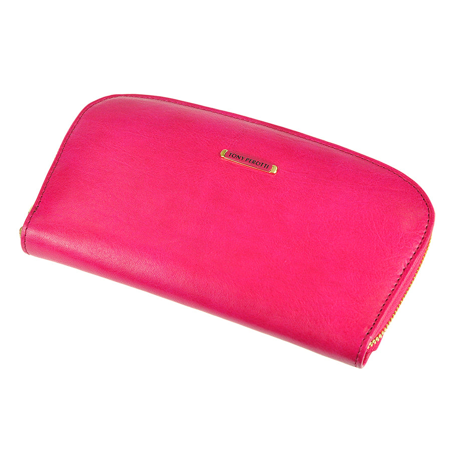 Tony Perotti Topkapi 3424 geranio wallet at an angle — vegetable-tanned Tuscan cowhide with gold zip