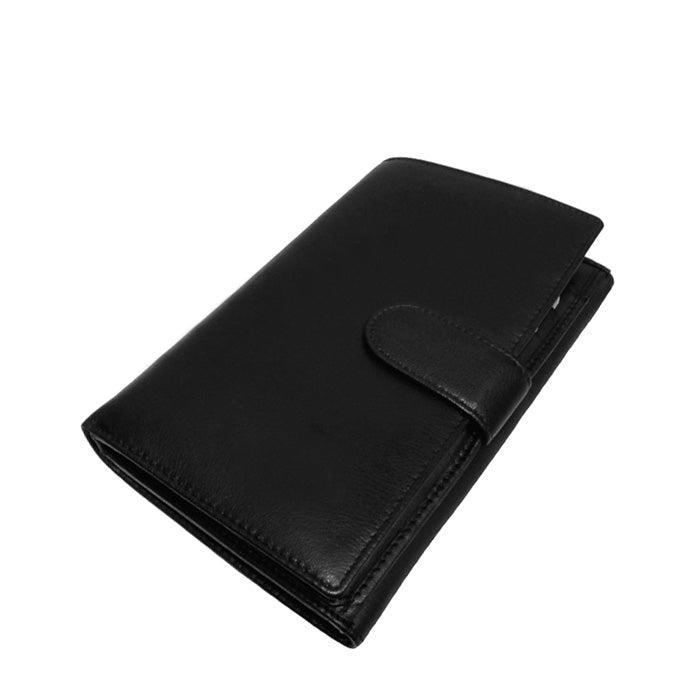 Black Tony Perotti Cortina 5073 wallet standing closed at an angle — the snap tab on the side and the depth of the body