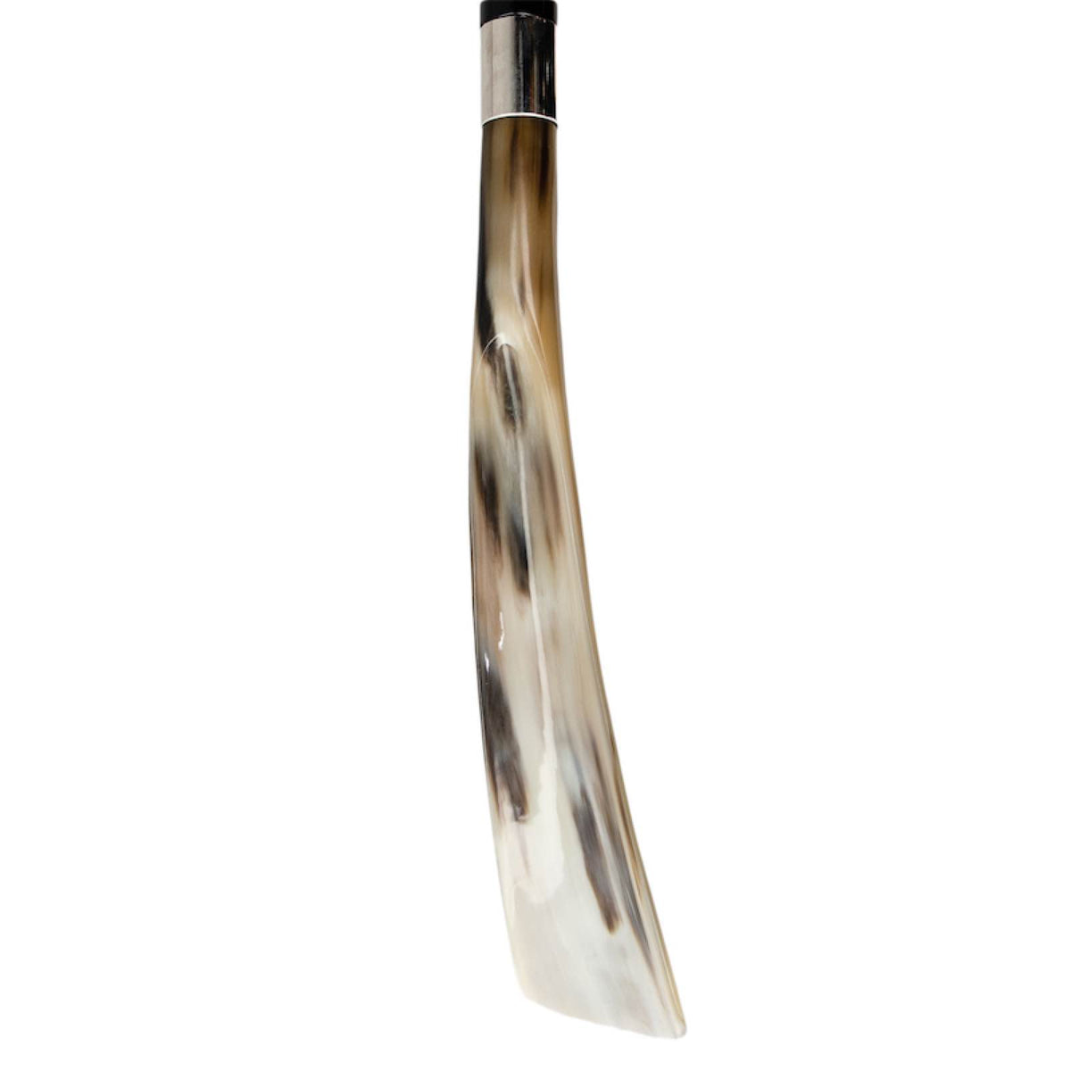 Polished natural horn blade with grey, honey and brown streaks, close-up