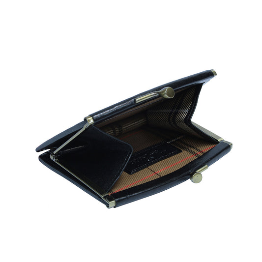 Black leather coin pouch open with bronze clasp — Tony Perotti Italico 1260 nero