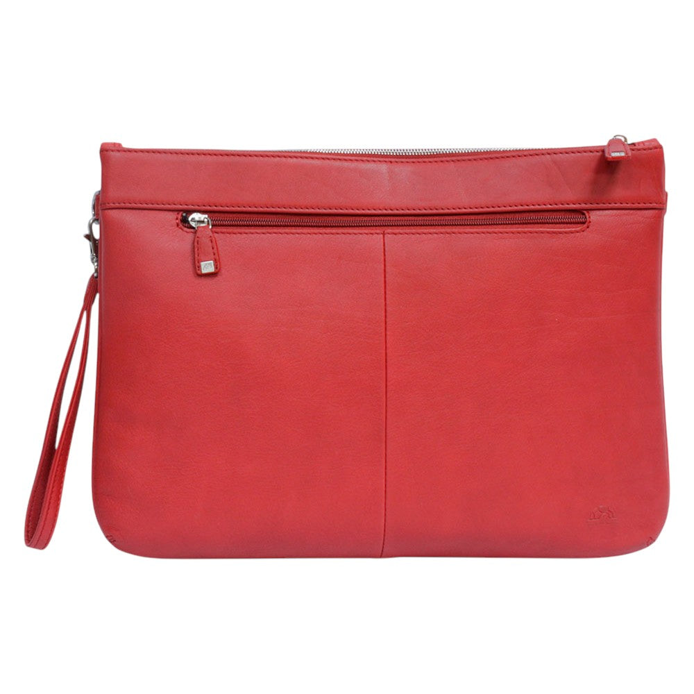 Back of the red leather portfolio Tony Perotti Contatto 9708 rosso — horizontal zip pocket and the wrist strap