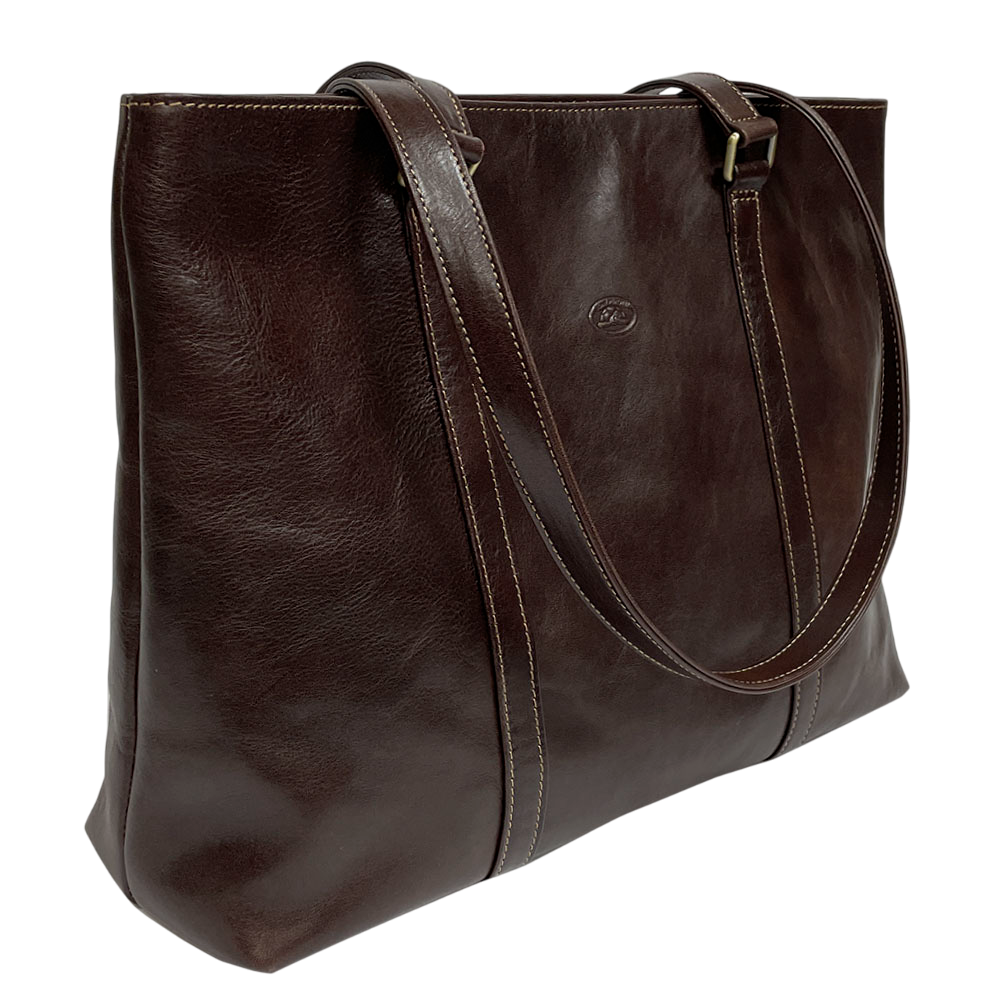 Tony Perotti Italico 8225 moro dark brown leather tote at an angle — the long handles on antique brass rings and the adjusting buckle