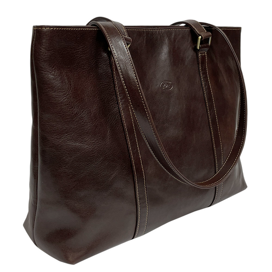 Tony Perotti Italico 8225 moro dark brown leather tote at an angle — the long handles on antique brass rings and the adjusting buckle