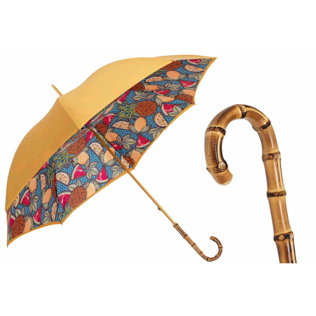 Pasotti women's mustard yellow umbrella with fruit print and bamboo handle, open, with a close-up of the handle — 189 VE280-2 Z20