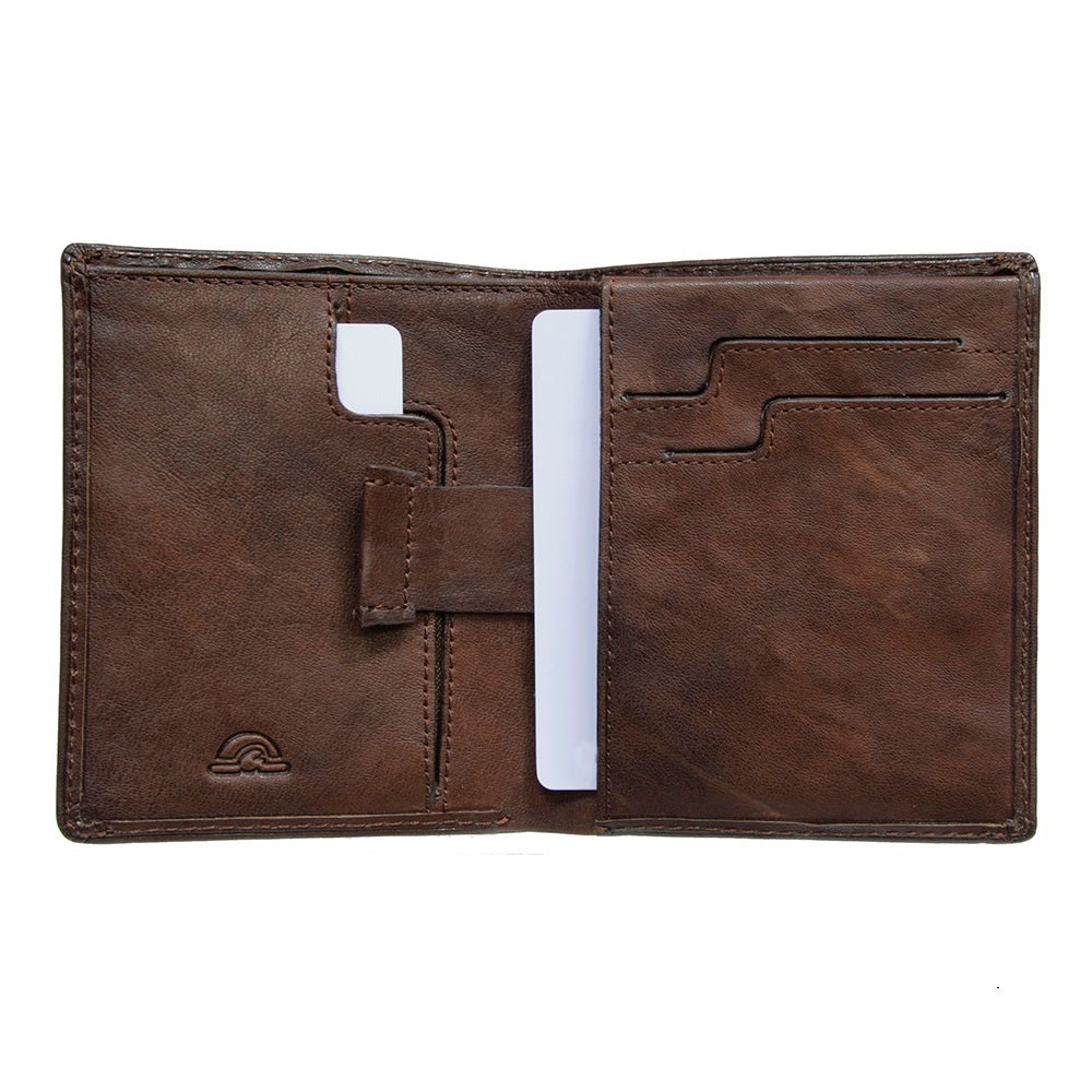 Open Tony Perotti Varsavia 3480 caffe wallet with a leather pull tab on the card sleeve