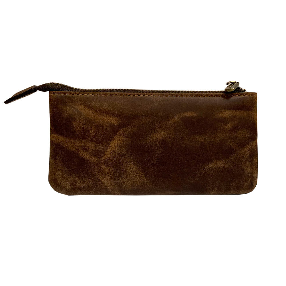 Back of the tan Arno 3350 key case — plain vintage-look cowhide with the branded metal zip puller