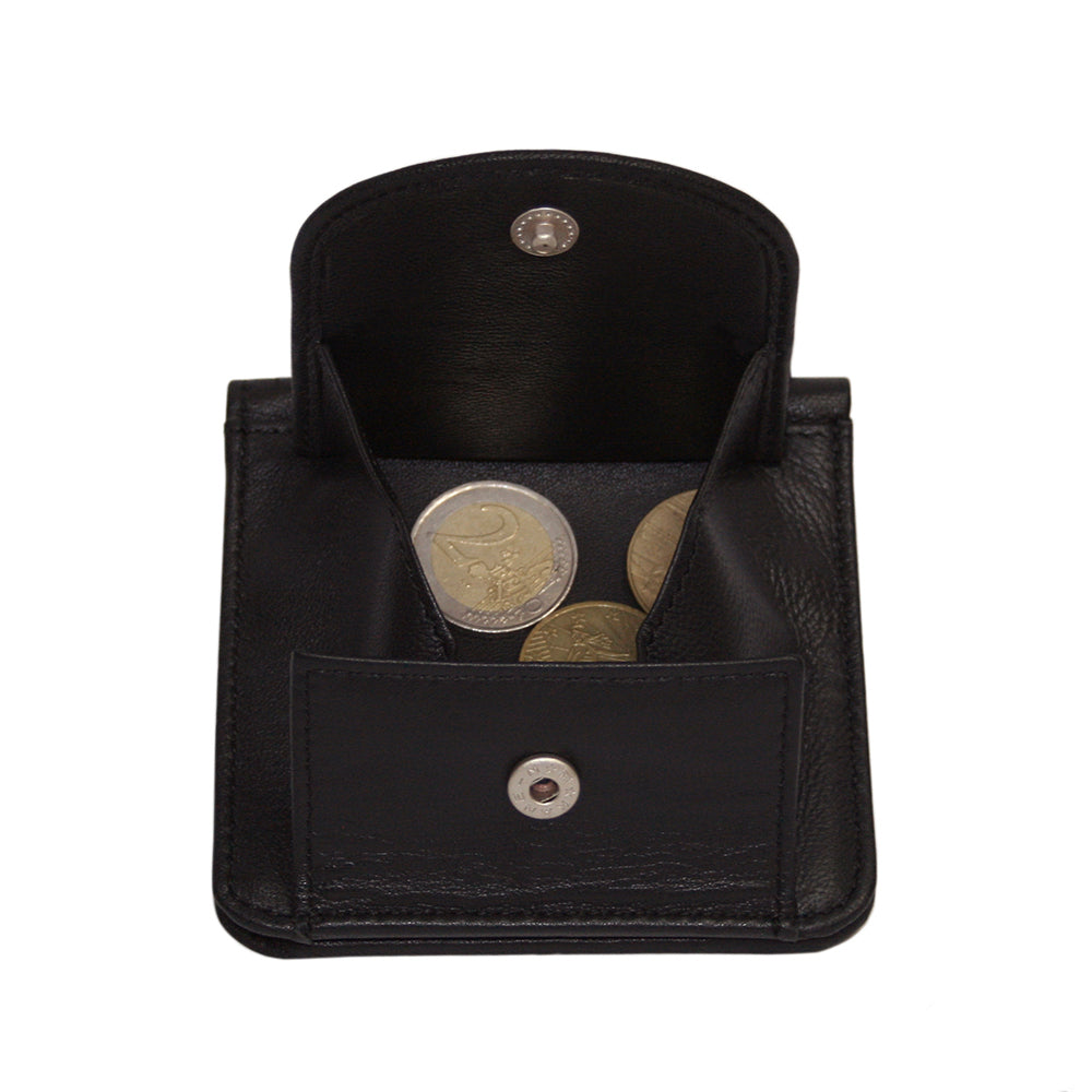 The back coin pocket of the black Tony Perotti Cortina 5019 wallet open with coins inside