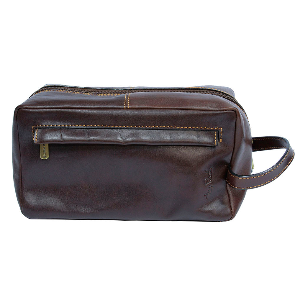 Brown leather toiletry bag carry handle — Tony Perotti Italico 8146