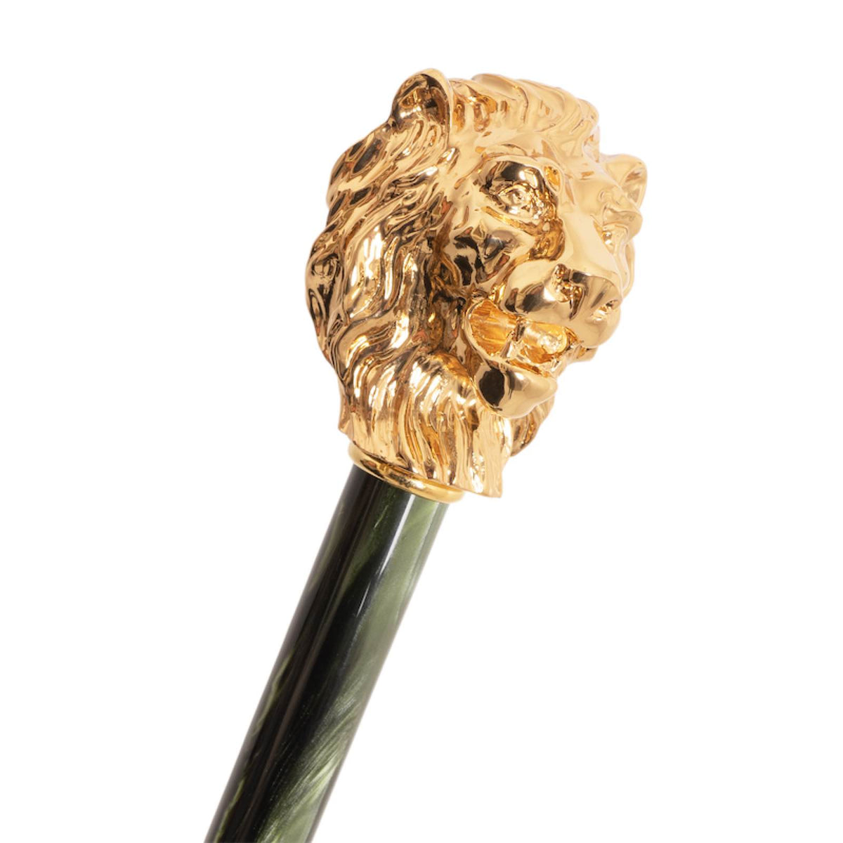 Gold-tone sculpted lion head handle above a dark green glossy grip, close-up, handcrafted in Italy