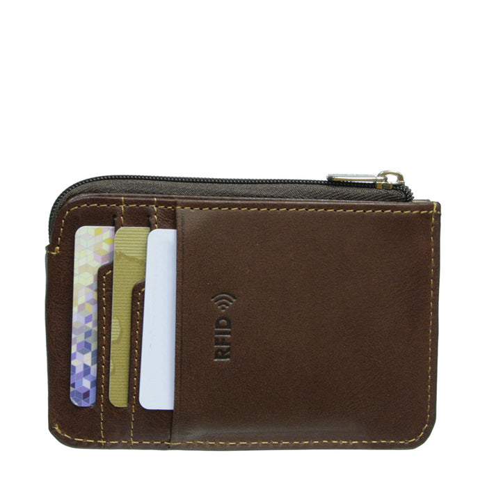 Back of the Tony Perotti Nevada 3825+RFID moro dark brown zip card holder with three card slots and embossed RFID mark