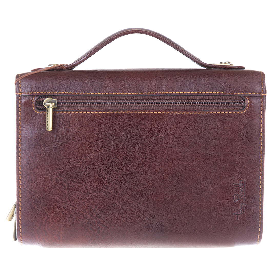 Back of the dark brown Italico 9337 clutch — roomy rear zip pocket with branded puller and embossed Tony Perotti signature