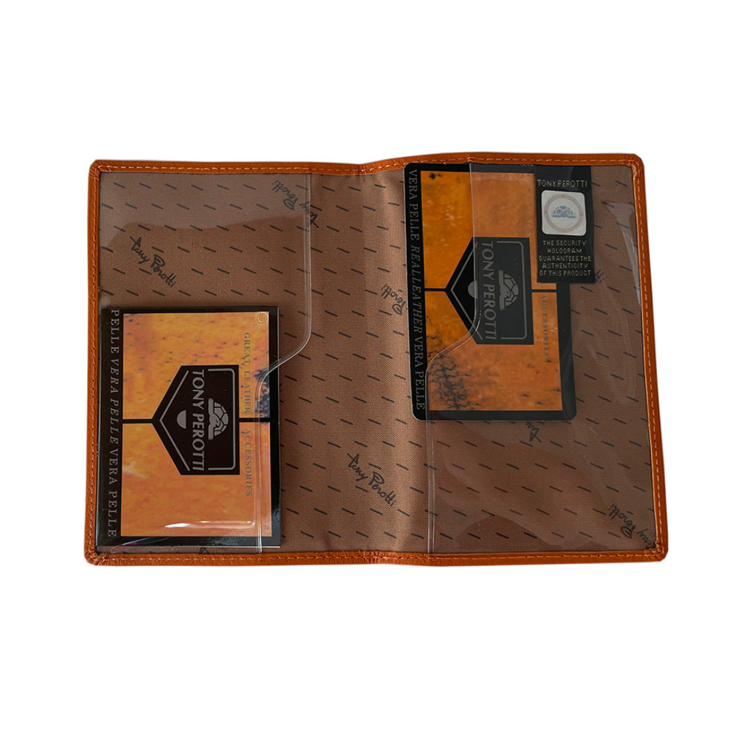 Orange passport cover Tony Perotti Contatto 2241 arancio opened flat — two transparent pockets with shaped cut-outs over the light brown signature-print lining