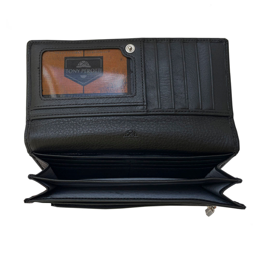 Open Tony Perotti Contatto 2638Z nero wallet showing bill compartments and accordion sides