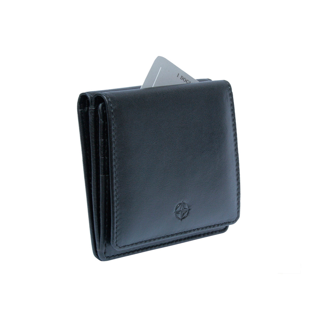 Black Tony Perotti Cortina 5064 wallet closed at an angle with a card standing out of the top