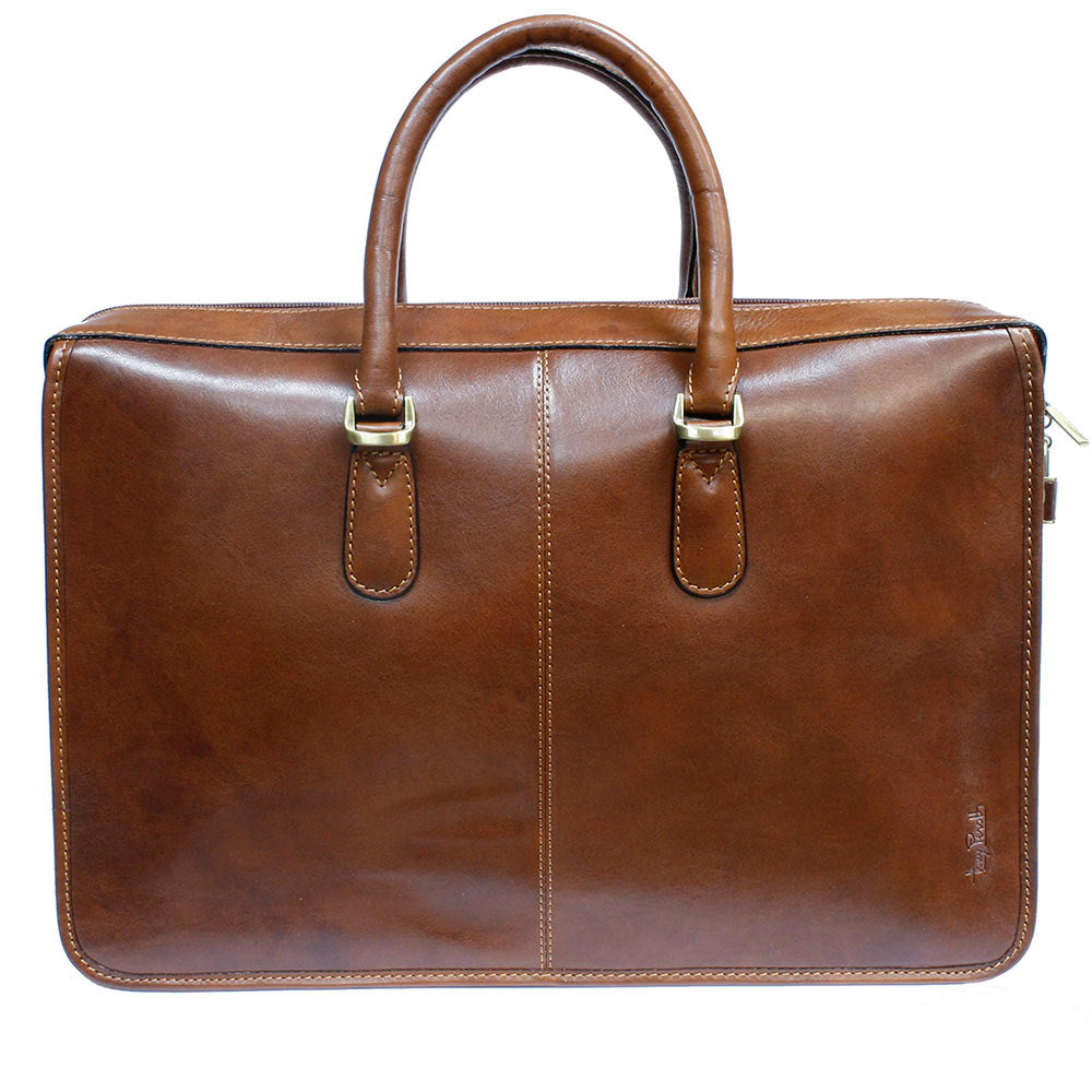 Back of the cognac leather briefcase Tony Perotti Italico 8098 cognac with the embossed Tony Perotti signature