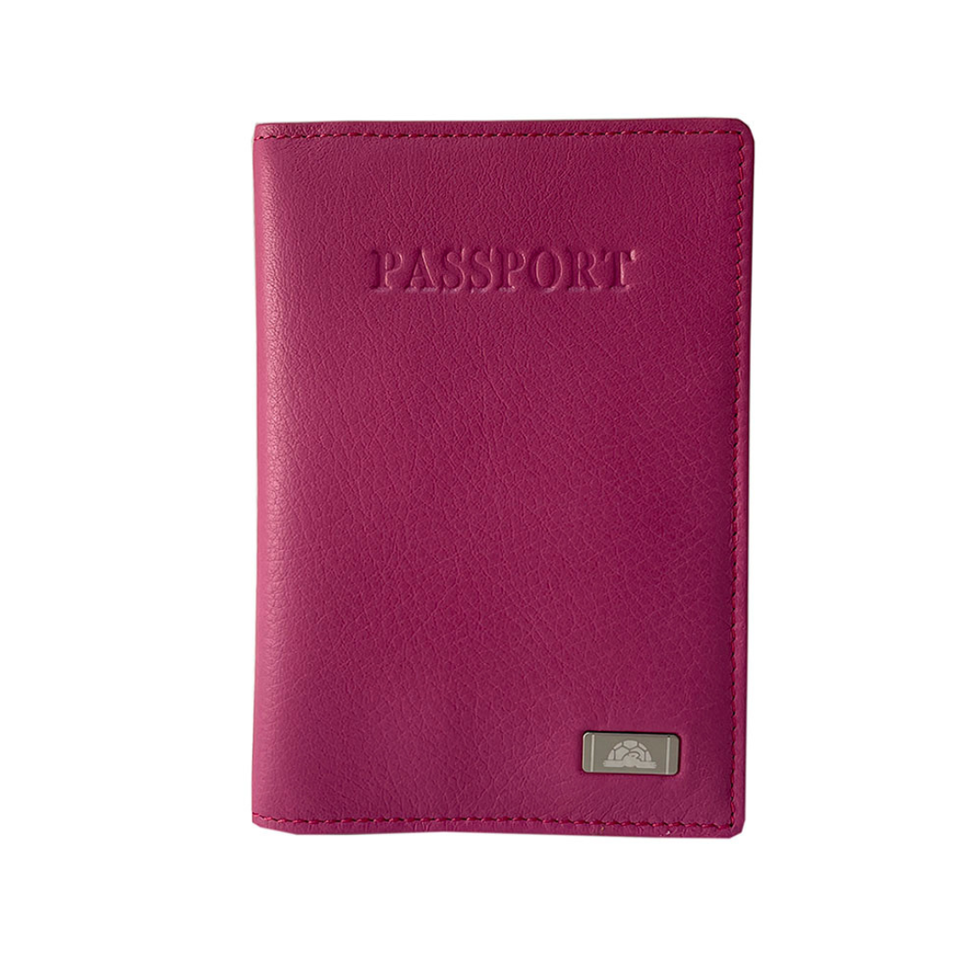 Pink leather passport cover Tony Perotti Contatto 2241 dalia — front with embossed PASSPORT lettering and the metal turtle emblem plate