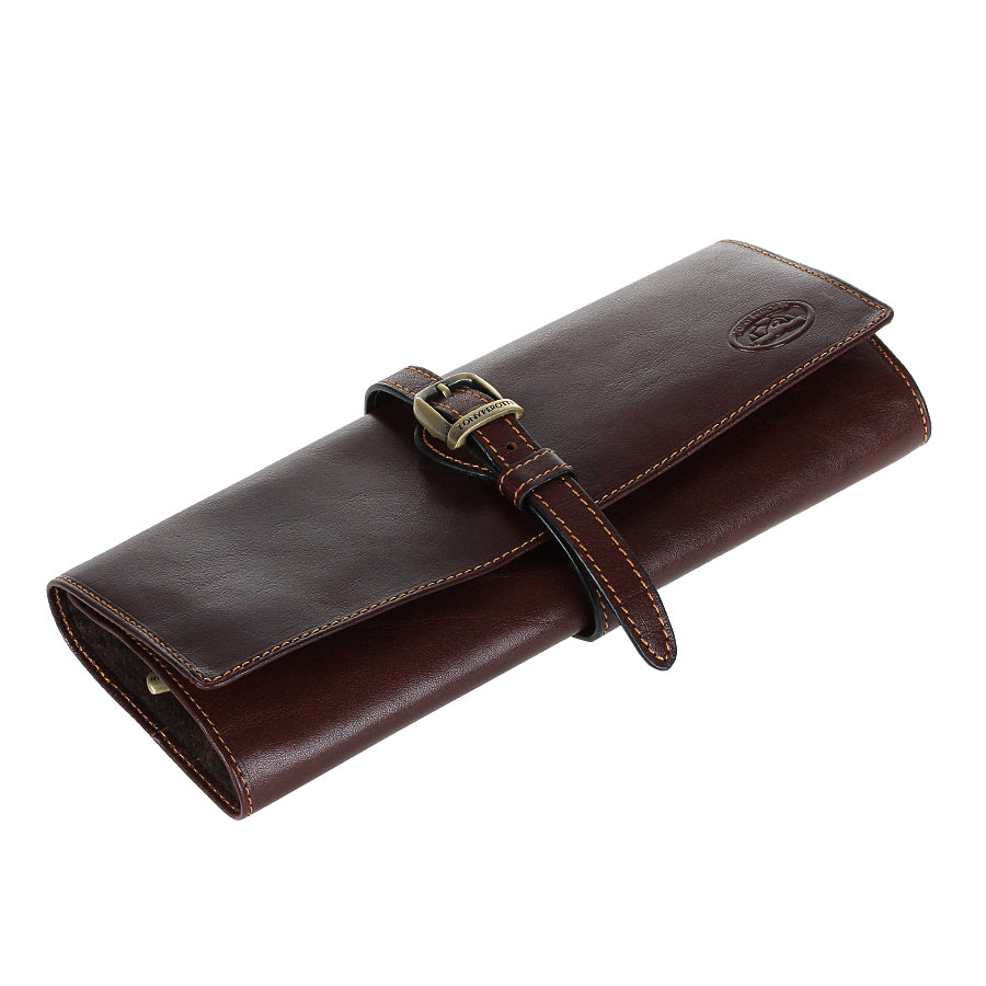 Top view of the closed dark brown Tony Perotti Italico 1286 moro jewelry case with a zip puller at the end