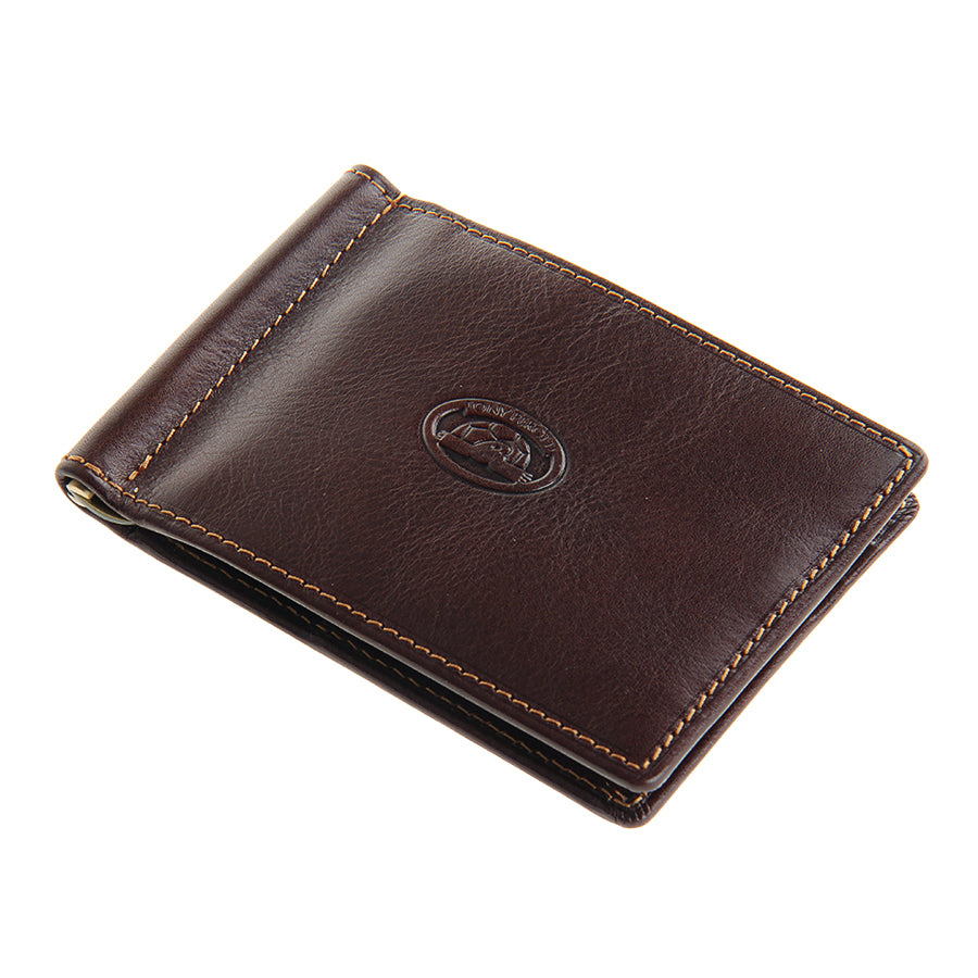 Tony Perotti Italico 2312 moro dark brown leather money clip wallet closed, lying at an angle — embossed oval Tony Perotti emblem and contrasting orange stitching