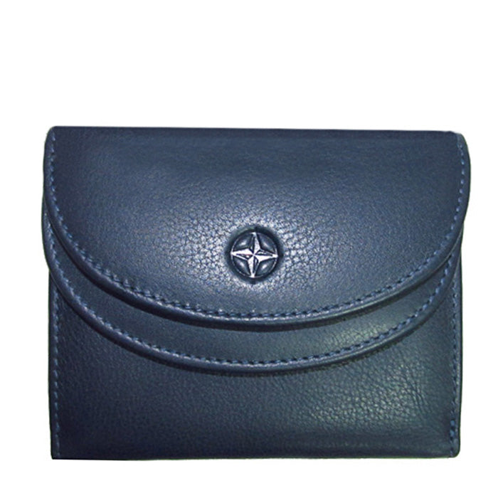 Navy Tony Perotti Cortina 5055 small flap wallet seen straight on, closed — the rounded flap with the metal compass-rose stud
