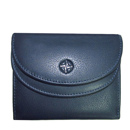 Navy Tony Perotti Cortina 5055 small flap wallet seen straight on, closed — the rounded flap with the metal compass-rose stud