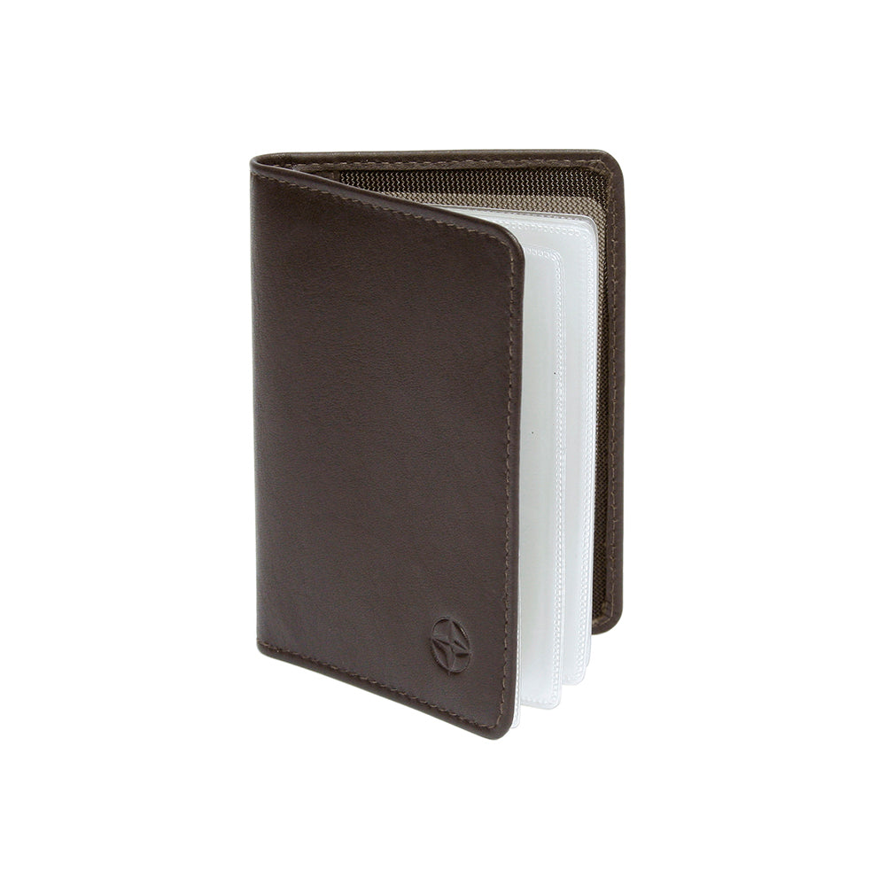 Tony Perotti Cortina 5004 moro — standing open, showing the fan of clear sleeves and the brown woven lining
