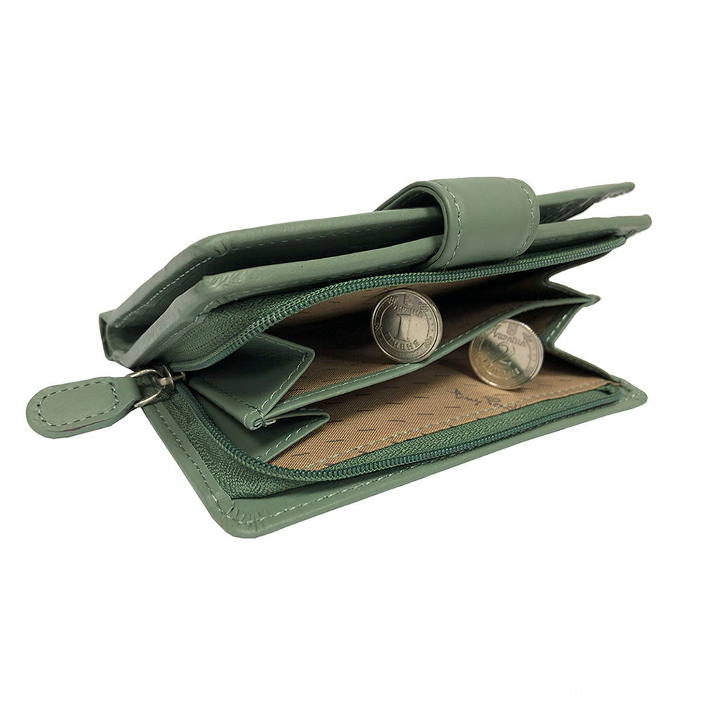 Two-section zip coin pocket on the back of the sage green New Rainbow 1654 wallet with beige lining