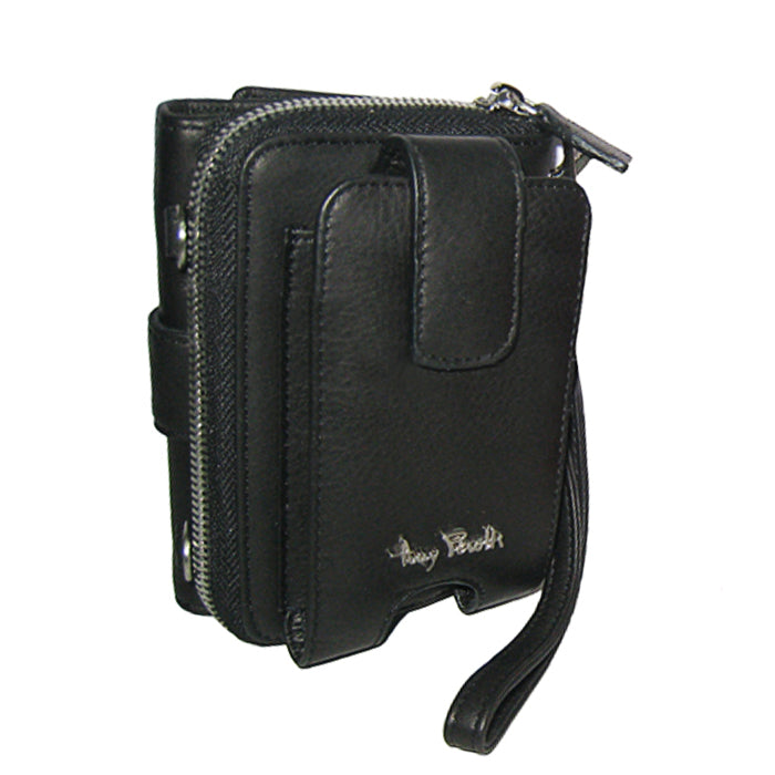 Black Tony Perotti Contatto 3058 small leather crossbody bag — front phone pocket with the metal Tony Perotti signature, wrist strap attached