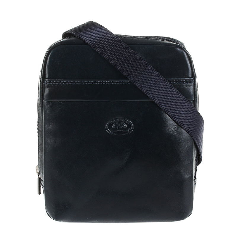 Tony Perotti Italico 6056 men's small navy leather crossbody bag — front view with magnetic-snap pocket, embossed turtle emblem and navy jacquard strap