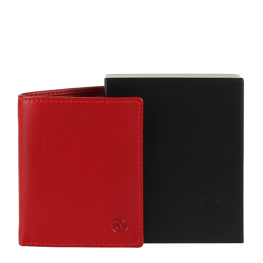 Red Tony Perotti Cortina 5088 rosso card wallet beside its black Cortina gift box with the embossed compass rose