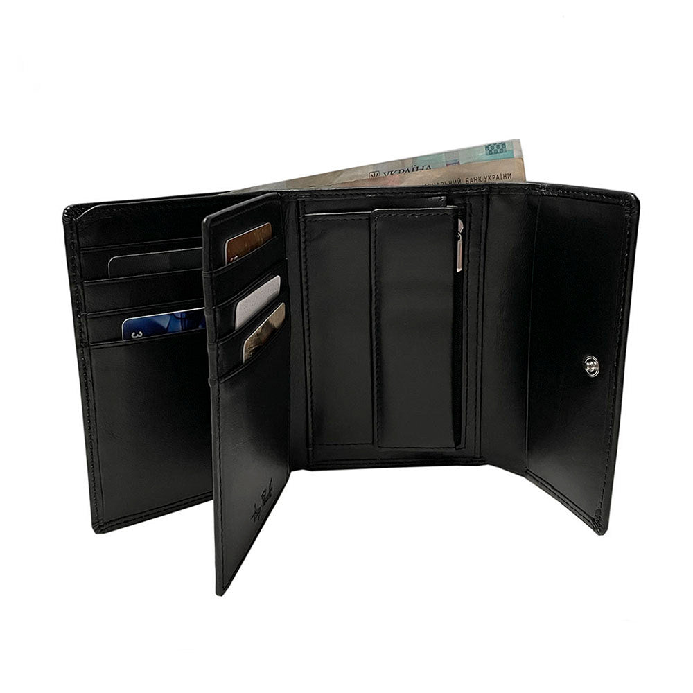 Black Swarovski 500N wallet open showing the 12-slot trifold card layout