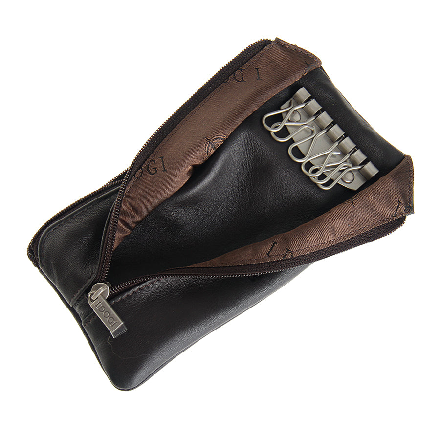 Tony Perotti Cortina 5021 moro — second compartment open: the bar of six swivel snap hooks against the woven «I DOGI» lining