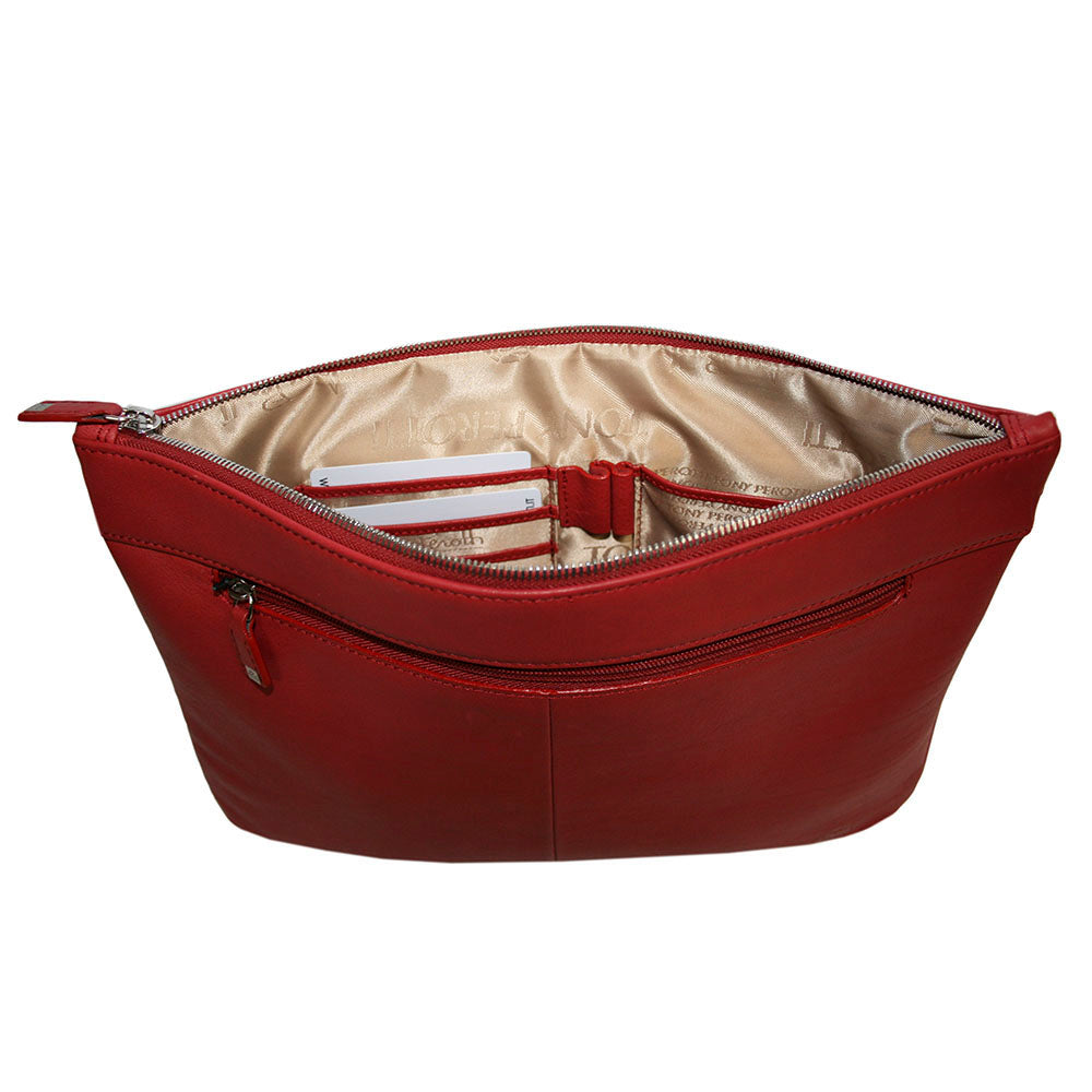 Inside the Tony Perotti Contatto 9708 rosso portfolio — three card slots, two pen loops and a slip pocket against the beige signature lining