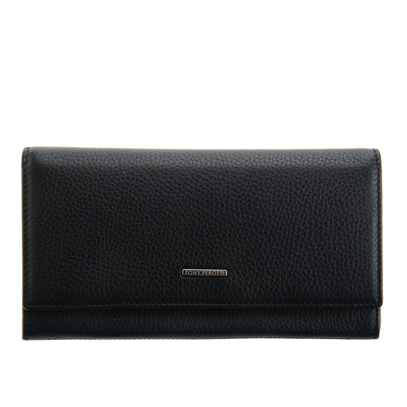 Tony Perotti New Contatto 3435 nero women's black pebbled calf flap wallet, closed