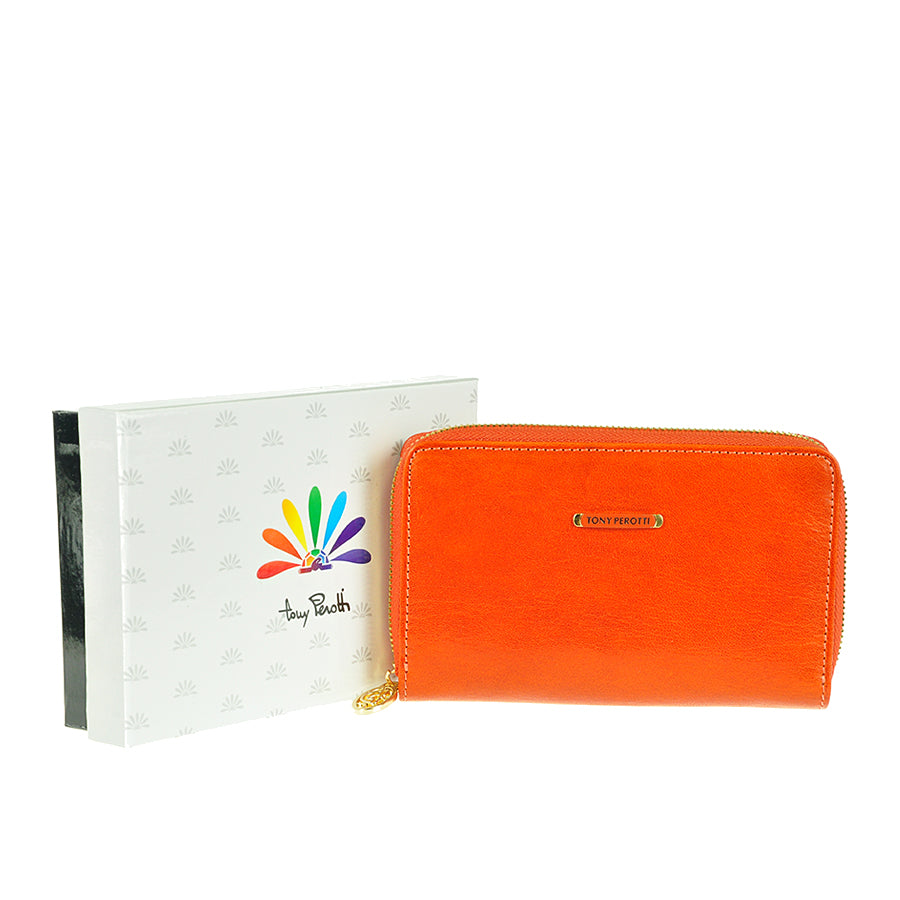 Tony Perotti Topkapi 3441 mandarino wallet with white branded gift box and ornate zip pull