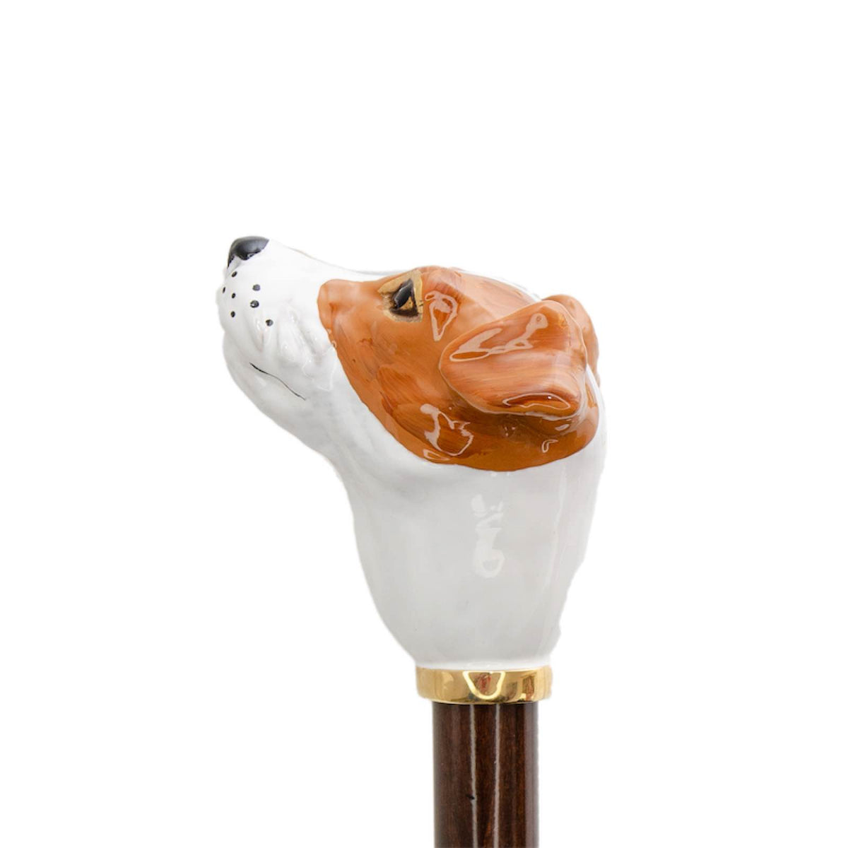 Jack Russell head in profile: white enamel with a tan patch over the ear and eye