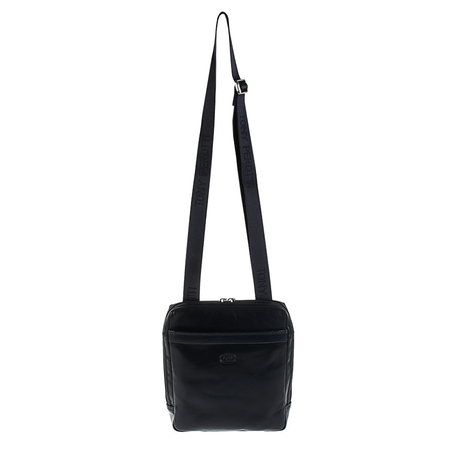 Navy crossbody bag with the adjustable jacquard strap extended — Italico 6001 navy
