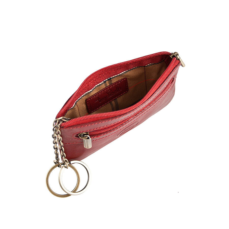 Red leather key pouch open, woven check lining and key rings inside — Tony Perotti Italico 359 rosso