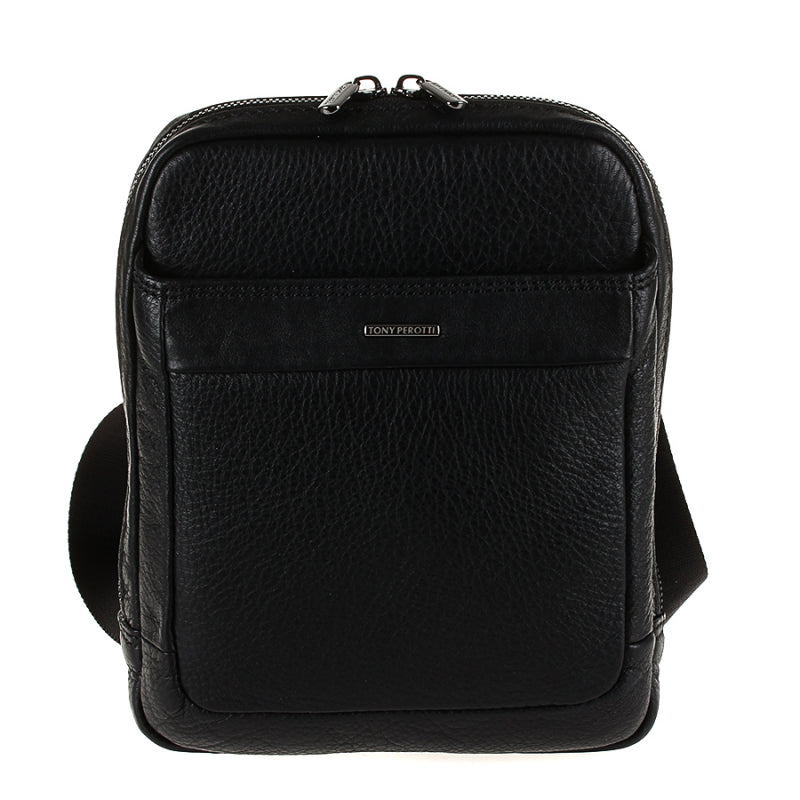 Tony Perotti New Contatto 9984-17 nero black leather crossbody bag, front view with the zip front pocket and metal plate