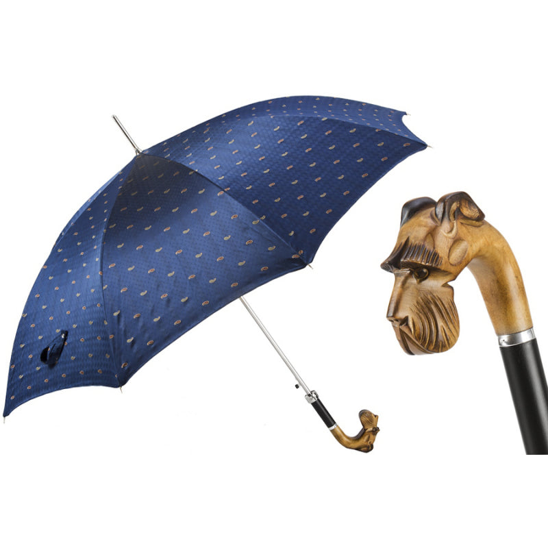 Pasotti men's blue paisley umbrella with wooden schnauzer handle, open, with a close-up of the handle — 478 5880-3 N49