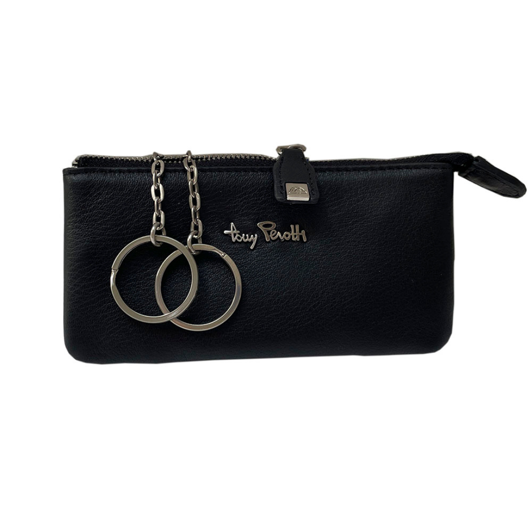 Tony Perotti Contatto 3350 nero — black leather key pouch with the two rings on chains pulled out and the silver Tony Perotti script on the front