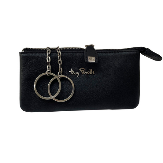 Tony Perotti Contatto 3350 nero — black leather key pouch with the two rings on chains pulled out and the silver Tony Perotti script on the front