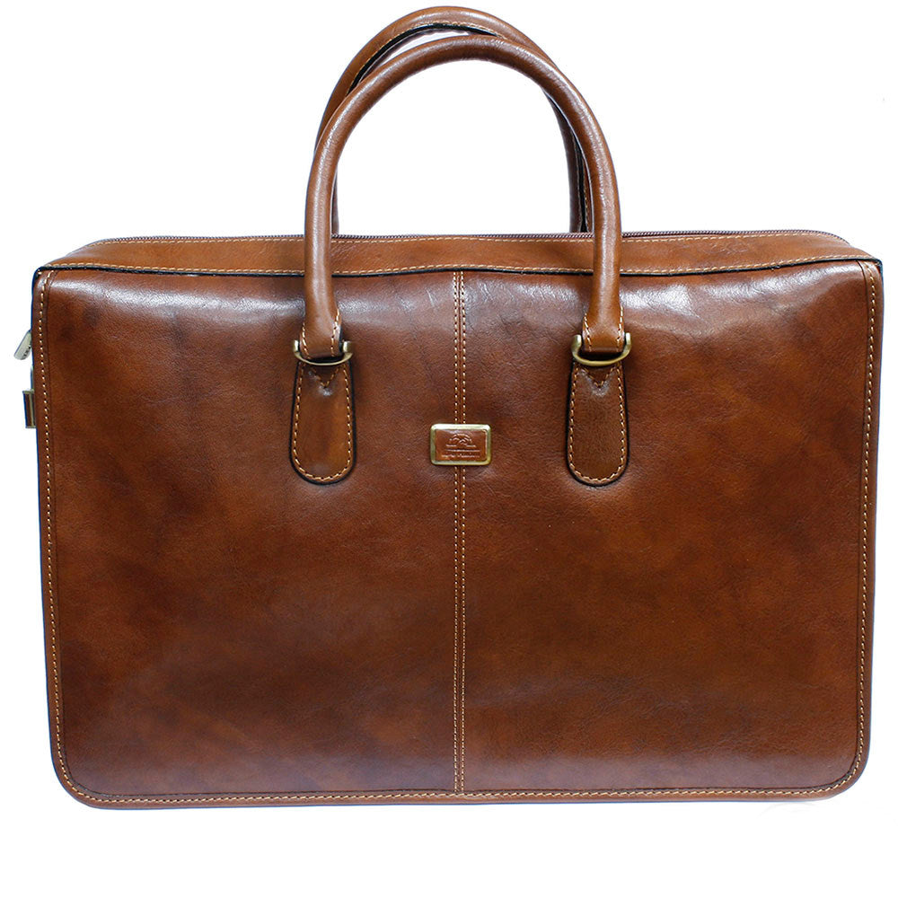 Cognac leather laptop briefcase Tony Perotti Italico 8098 cognac — front with two rounded handles on brass-tone rings and the metal logo plate