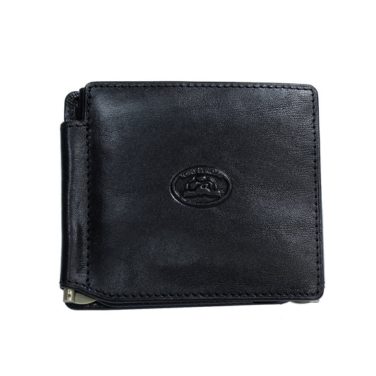 Tony Perotti Italico 1717 nero men's black leather wallet, closed — embossed oval Tony Perotti emblem and the ends of two brass money clips showing at the lower corners