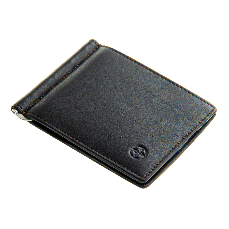 Dark brown leather money clip wallet angled view — Tony Perotti Cortina 5000
