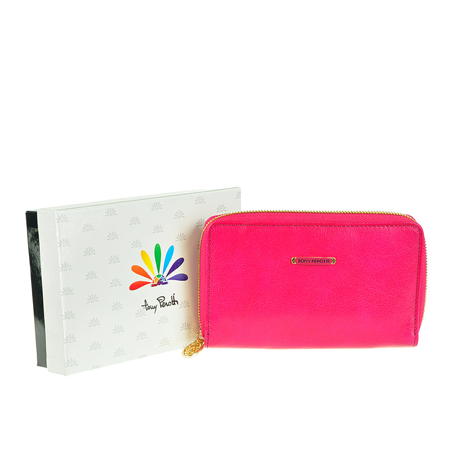 Tony Perotti Topkapi 3441 geranio wallet with white branded gift box and ornate zip pull