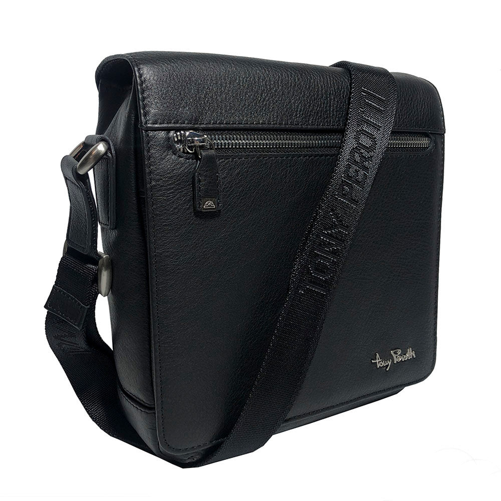 Black Tony Perotti Contatto 9027-20 leather messenger bag at an angle — flap, full-width front zip pocket and the jacquard strap woven TONY PEROTTI