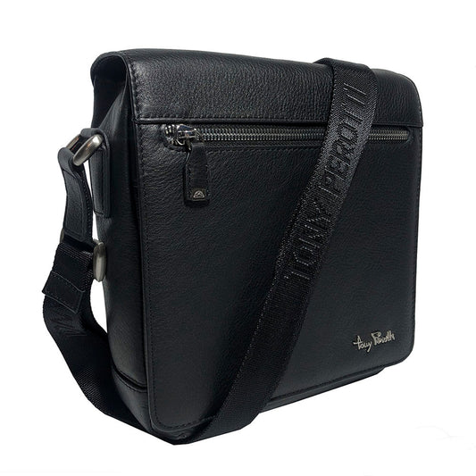 Black Tony Perotti Contatto 9027-20 leather messenger bag at an angle — flap, full-width front zip pocket and the jacquard strap woven TONY PEROTTI
