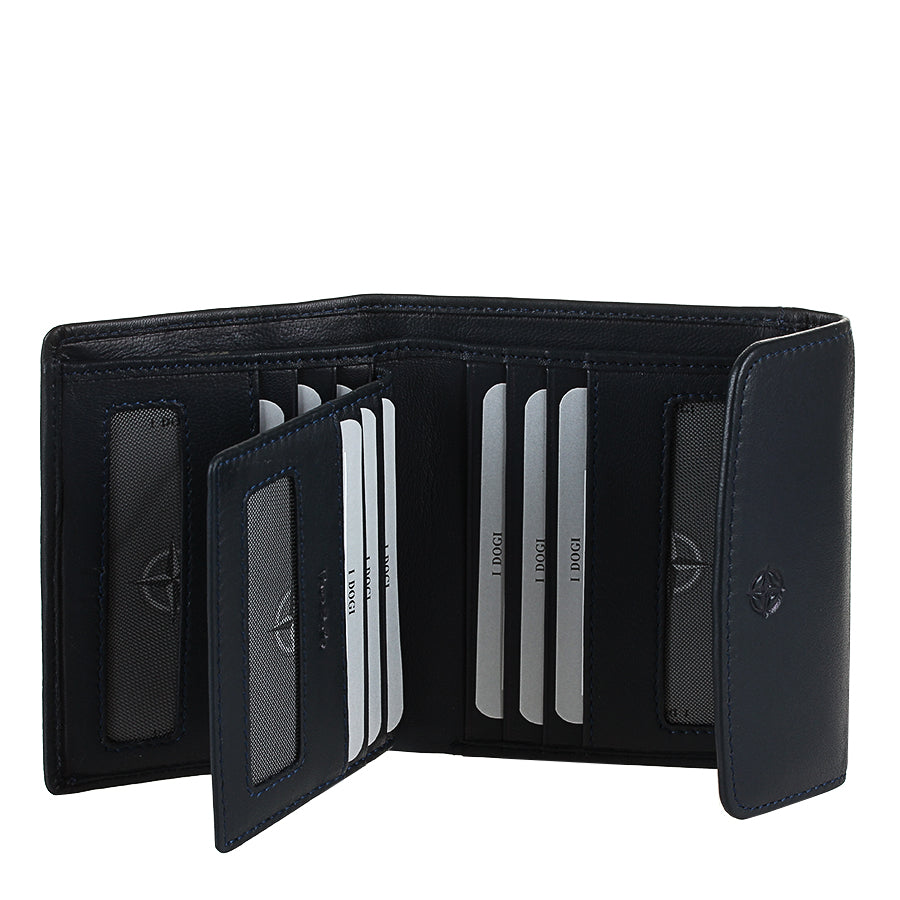 Navy leather bifold wallet fold-out ID window — Tony Perotti Cortina 5087