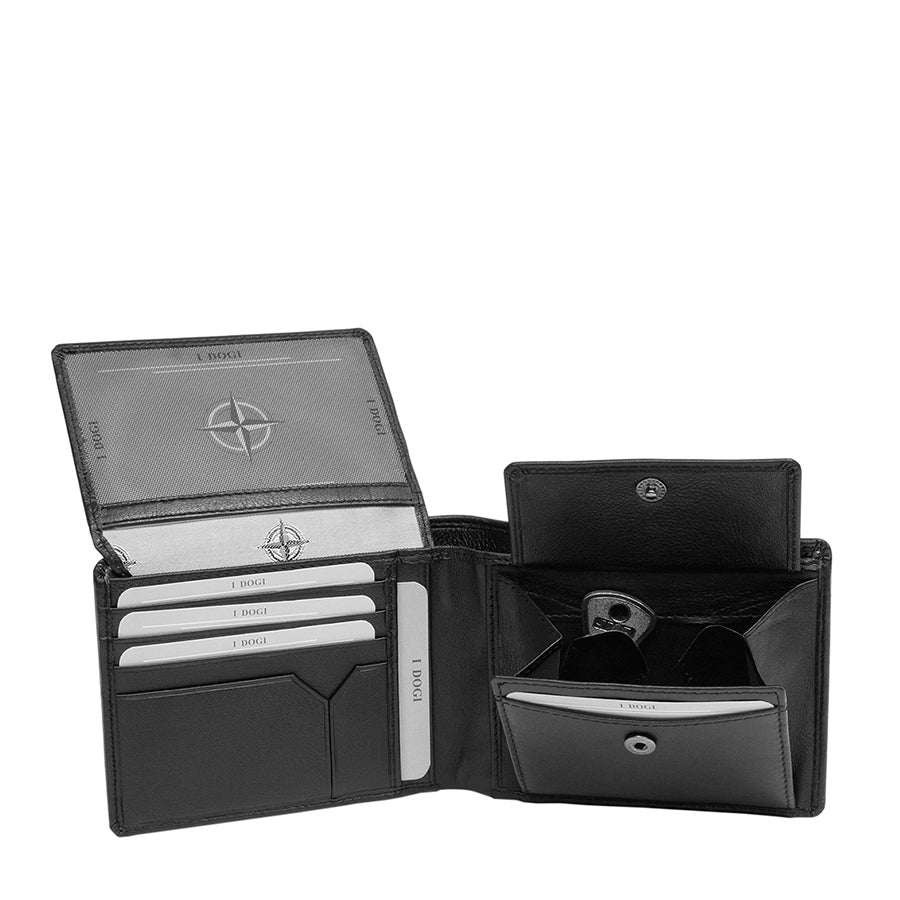 Tony Perotti Cortina 5051 nero opened with the inner panel raised — the mesh ID window with the compass rose, rows of card slots and the snap coin pocket open with coins