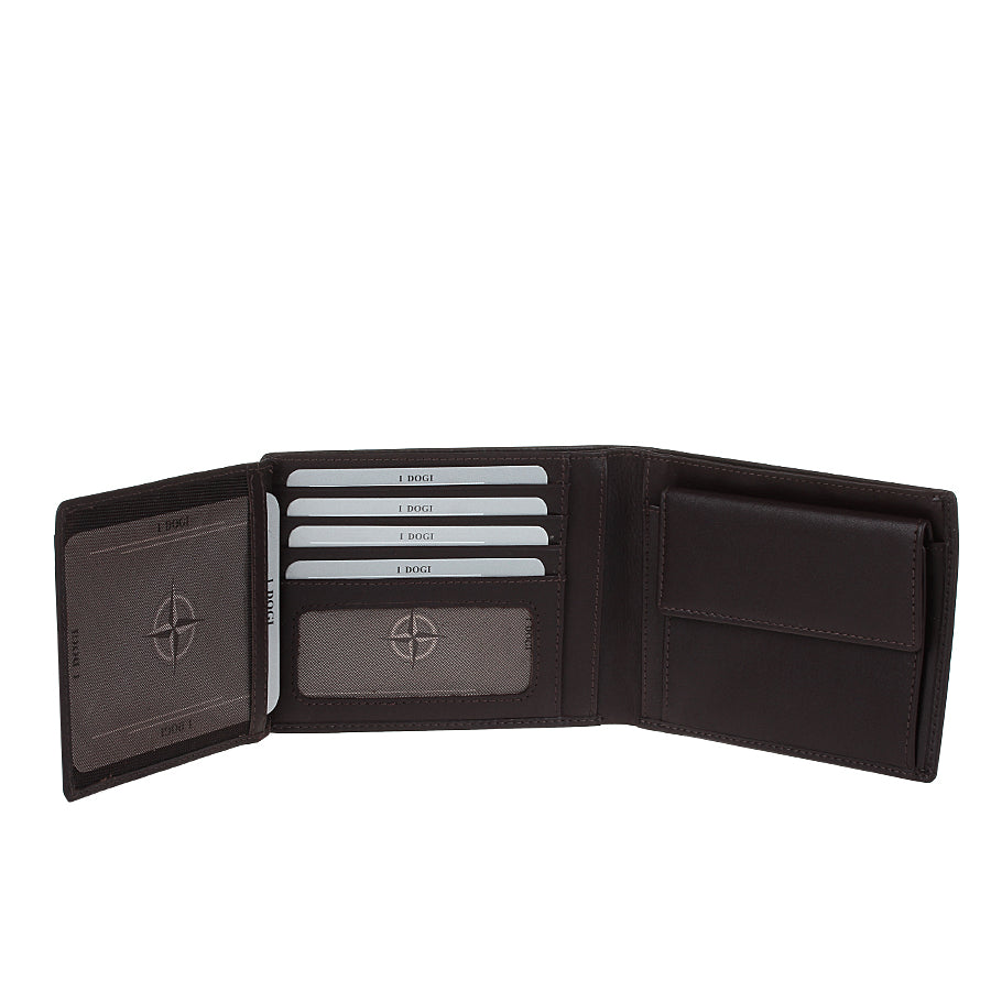 Tony Perotti Cortina 5036 with the inner panel raised — further card slots and the mesh ID window with the compass rose (dark brown colourway shown)
